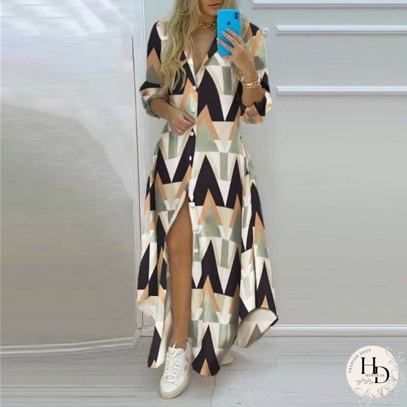 New Spring Summer Striped Split Maxi Dress Casual Turn-Down Collar Button Shirt Long Dress Women Elegant Long Sleeve Party Dress