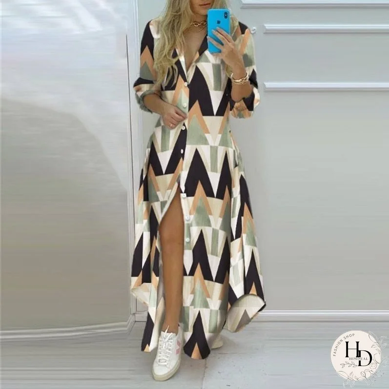 New Spring Summer Striped Split Maxi Dress Casual Turn-Down Collar Button Shirt Long Dress Women Elegant Long Sleeve Party Dress