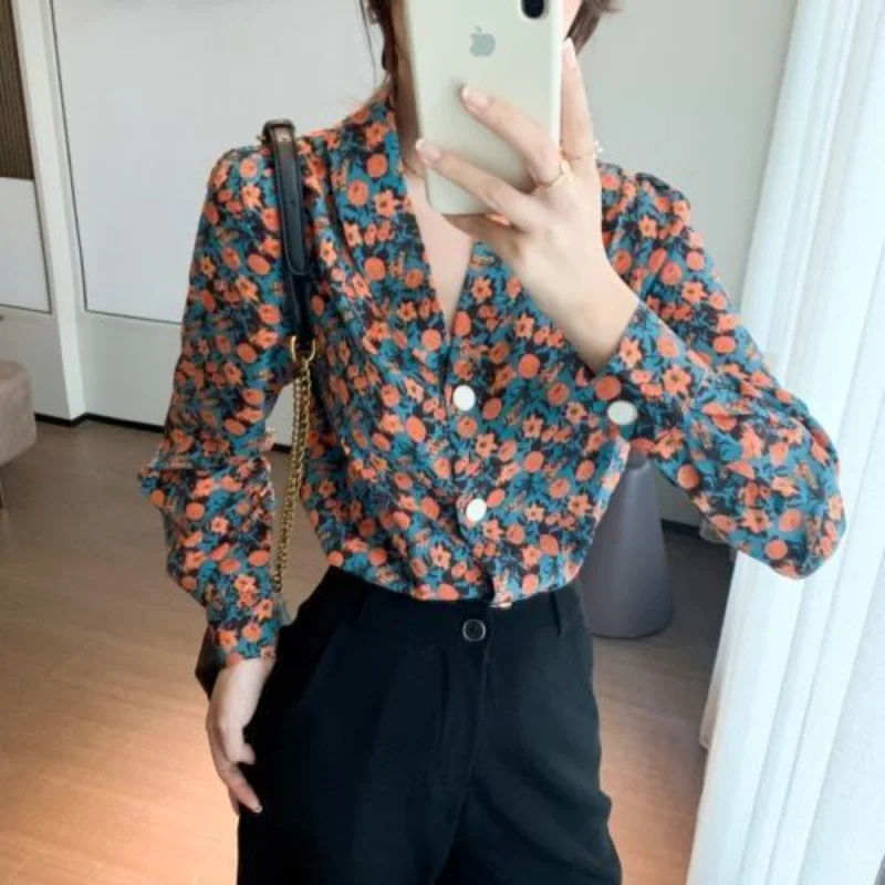 Jangj Spring Summer New Fashion Mixed Color Blouse Korean Style Elegant Shirt Turndown Collar Long Sleeve Casual Tops for Female