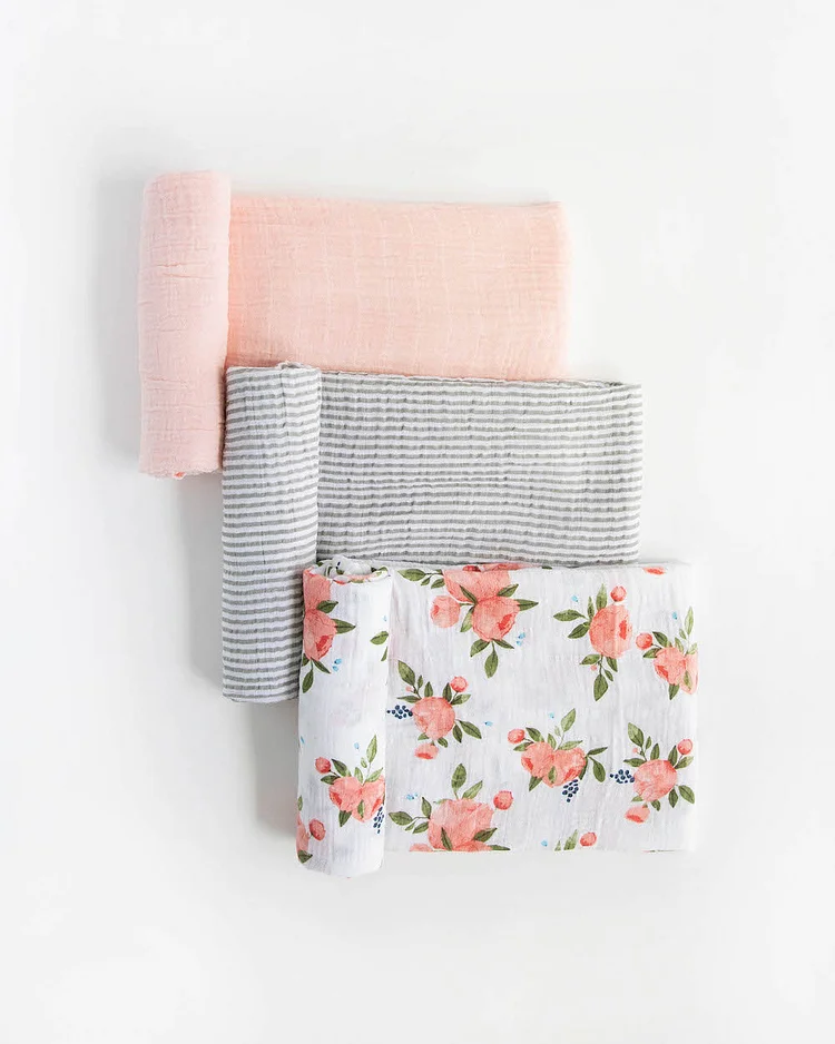 Cotton Muslin Swaddle Blanket 3 Pack - Watercolor Roses