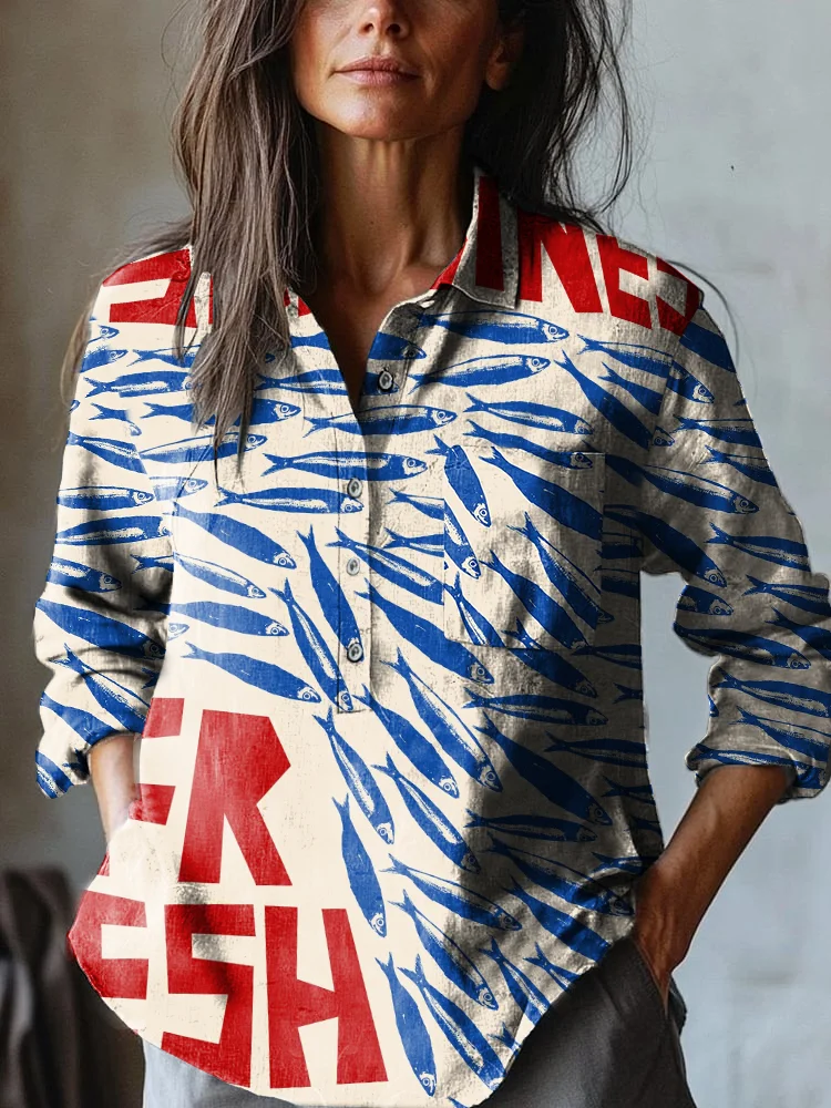 Women's Sardines Art Print Casual Cotton and Linen Shirt