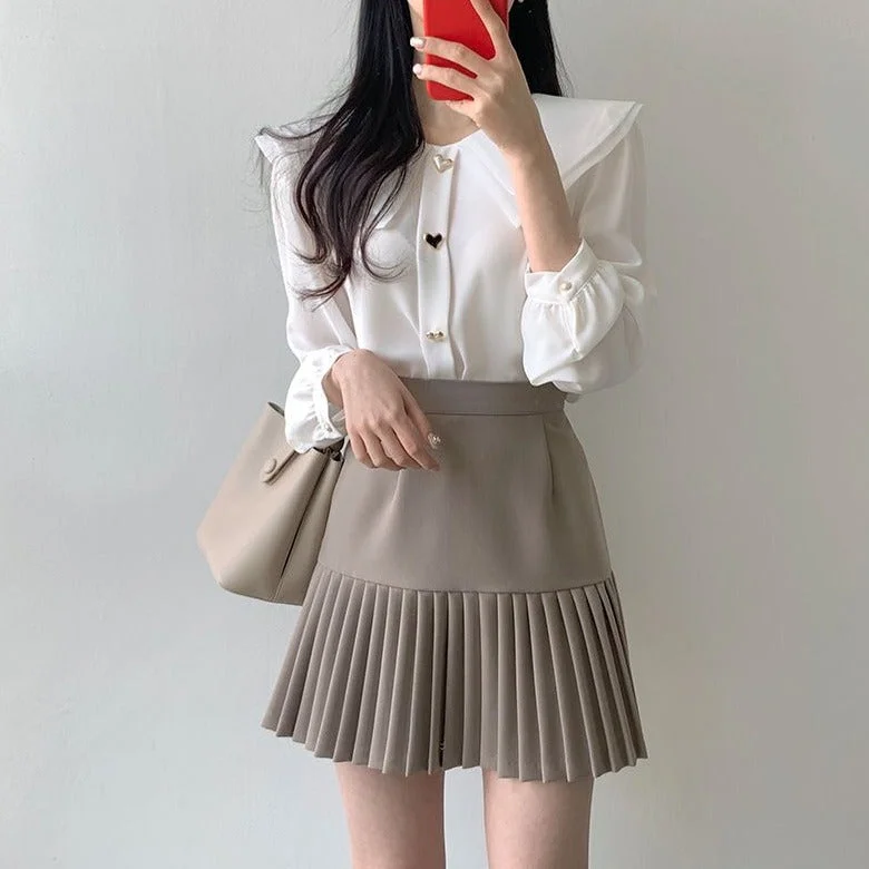 Collared Blouse / Accordion Pleat Mini A-Line Skirt YP1809