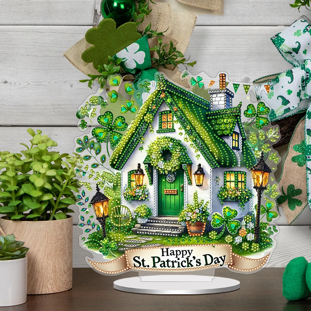 2D Flat DIY St Patricks Day Hut Diamond Painting Tabletop Ornaments Kit Special Shape Crystal Art Craft Decoration Single Side Drill for Living Room Home Office
