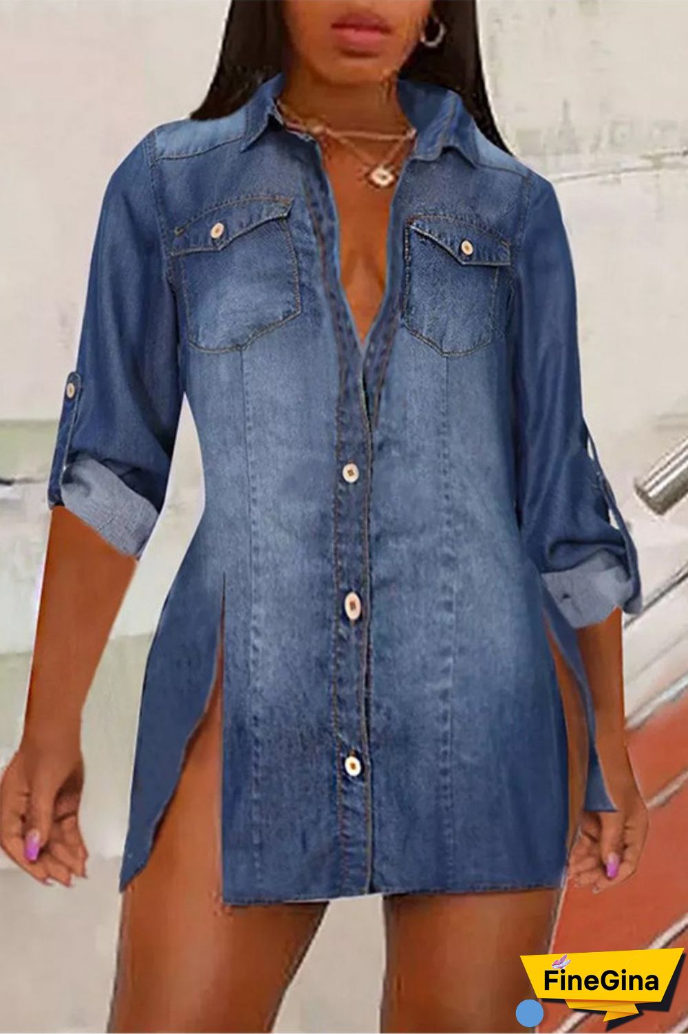 Blue Casual Solid Slit Turndown Collar Tops