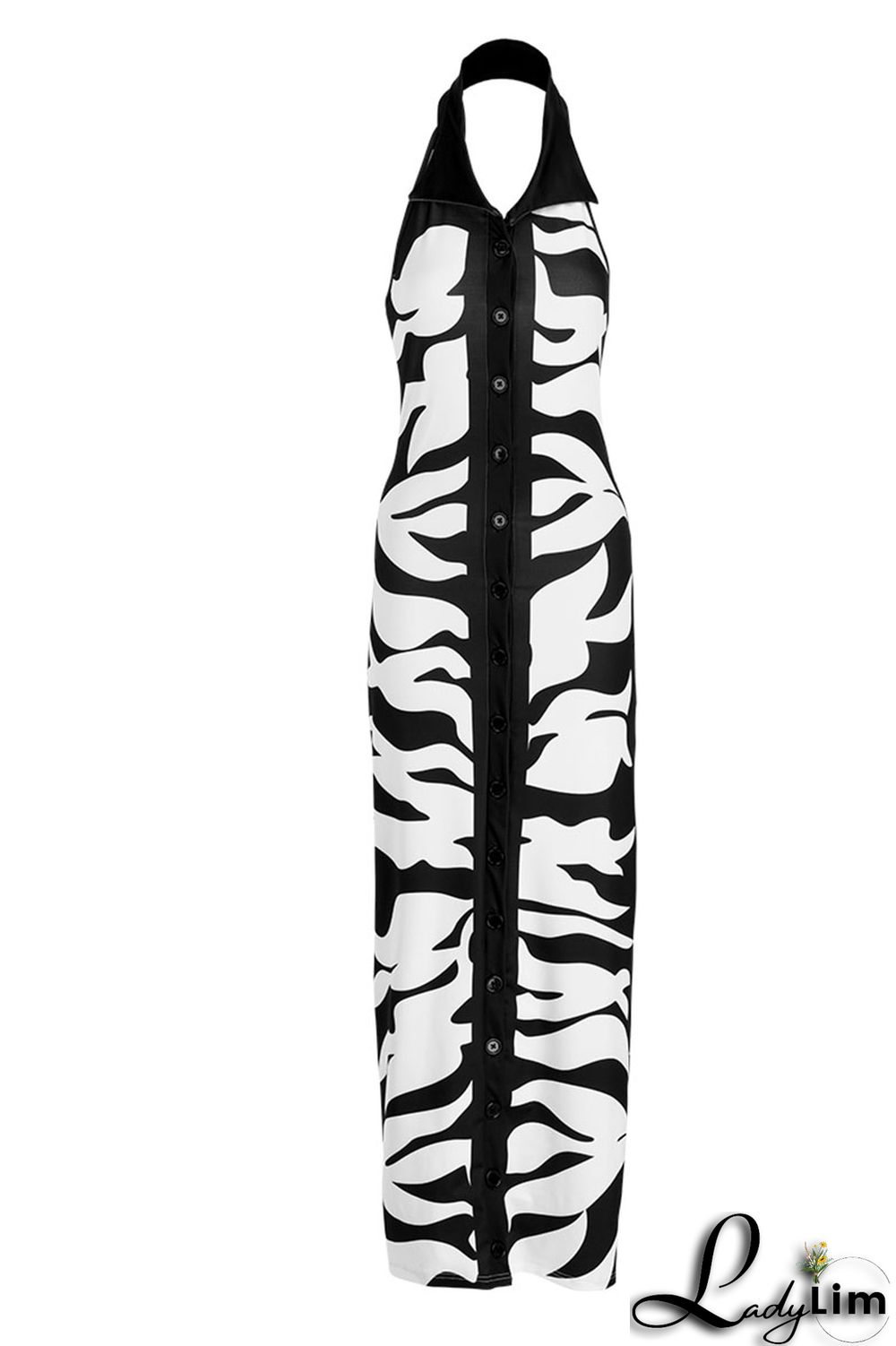 Black Sexy Print Split Joint Buckle Turndown Collar One Step Skirt Dresses