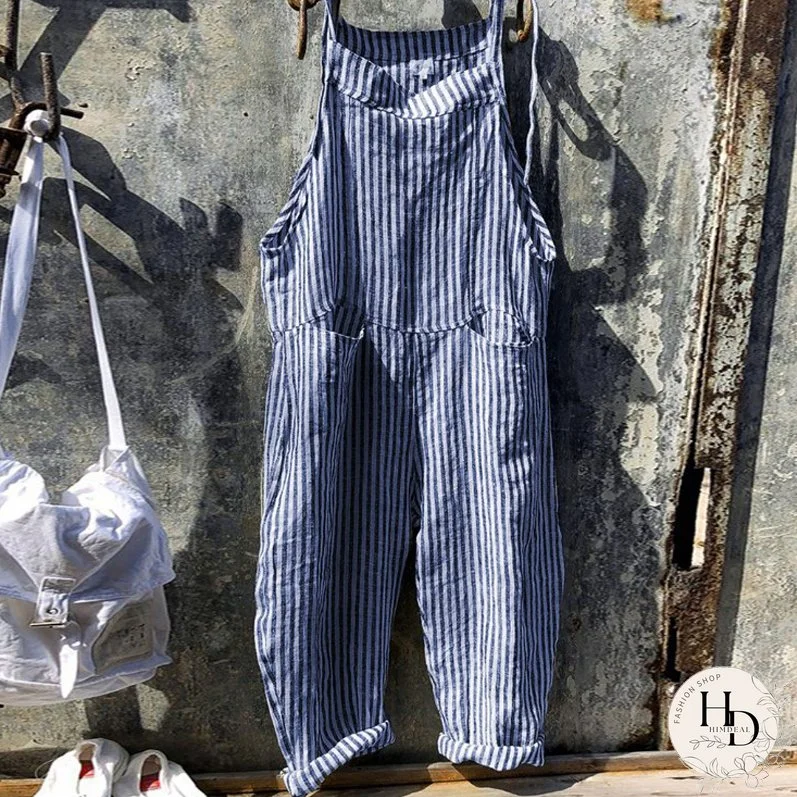 Vintage Rompers Womens Jumpsuits Casual Sleeveless Striped Print Playsuits Ladies Office Overalls Plus Size Loose Pants