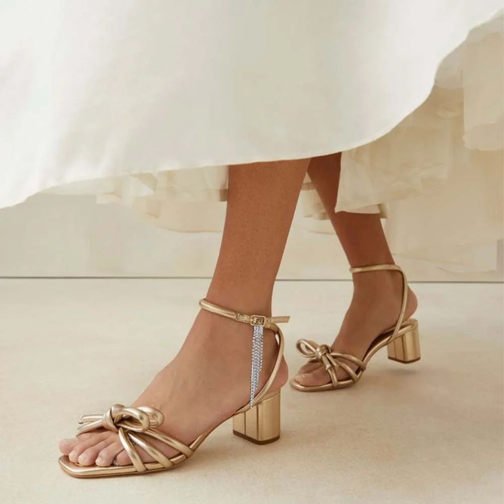 Champagne Square Toe Summer Saldals With Ankle Strap Tassel Decor Chunky Heel Sandals Nicepairs