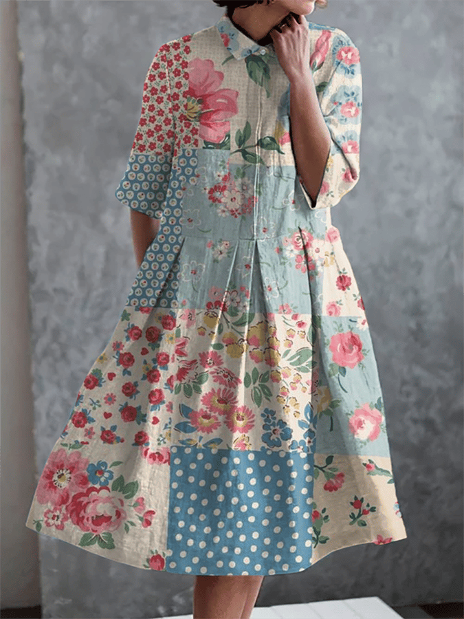 Women's Vintage Botanical Floral Patchwork Art Print Dress 