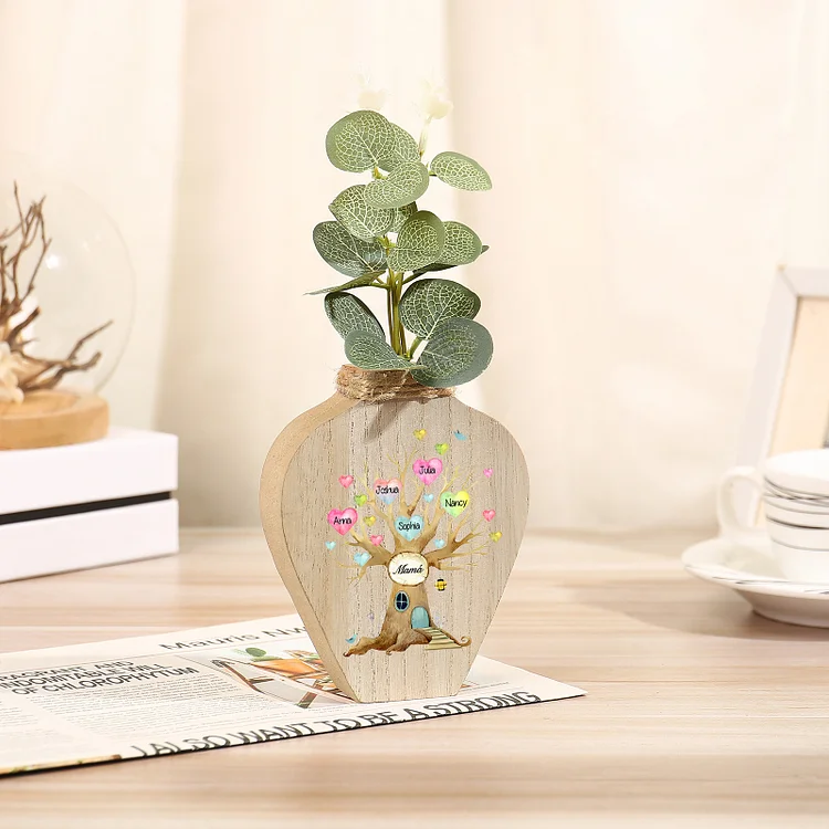Florero de madera árbol de corazones 5 nombres personalizados con texto decoración del hogar