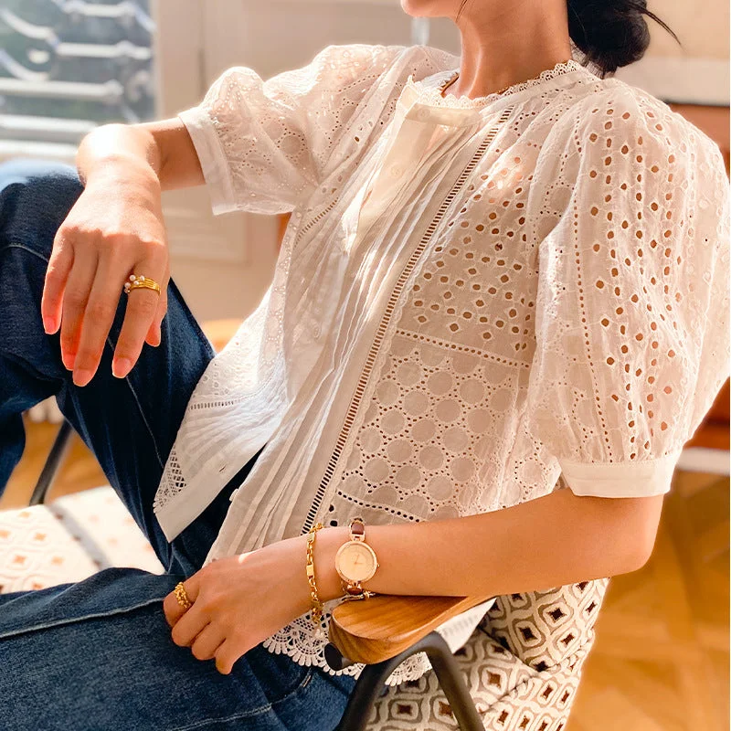 Brownm French Style Design Shirt Half Sleeve Blouses