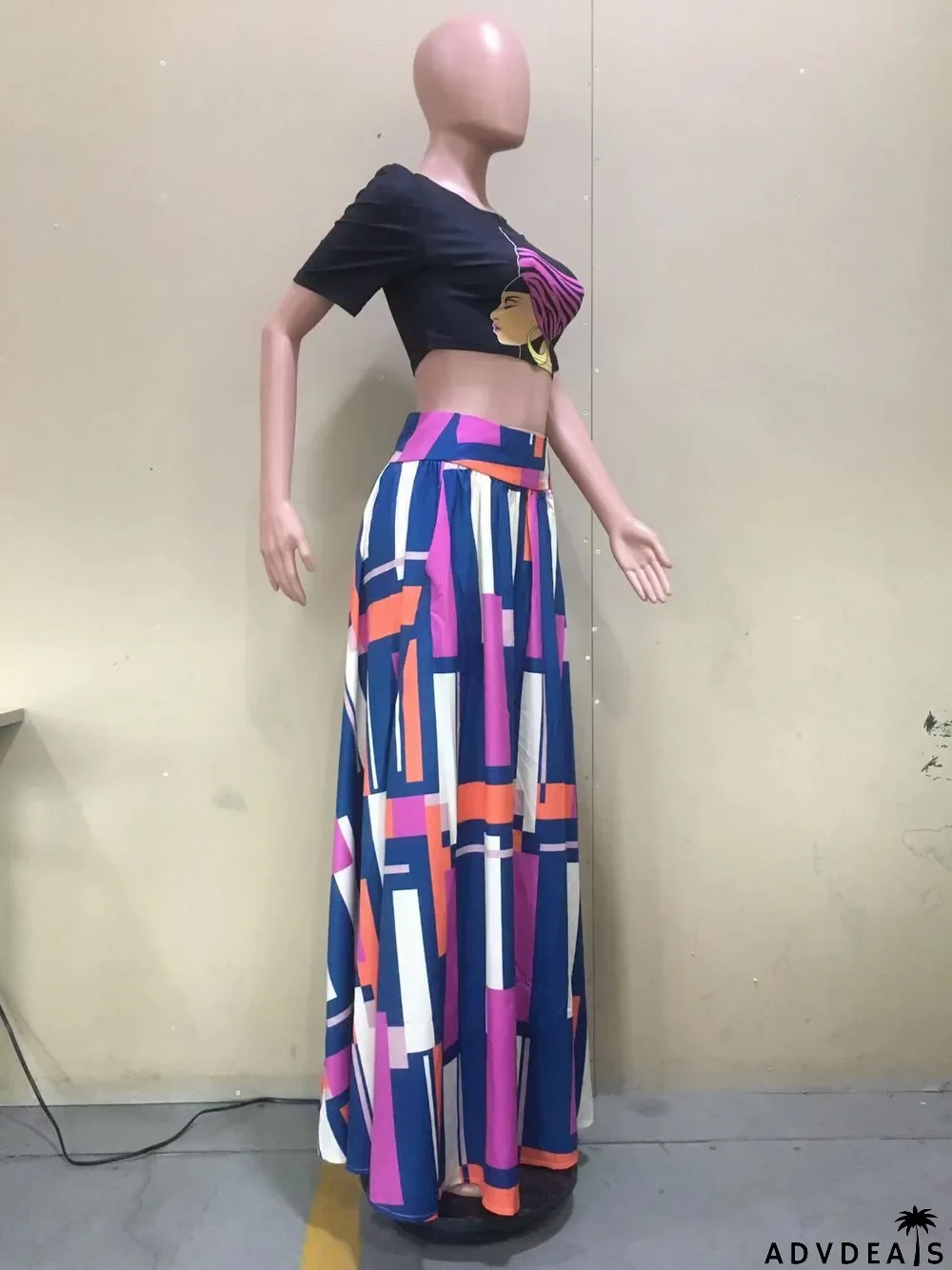 Summer Printed Top+Printed Swing Skirt Two-Piece Set