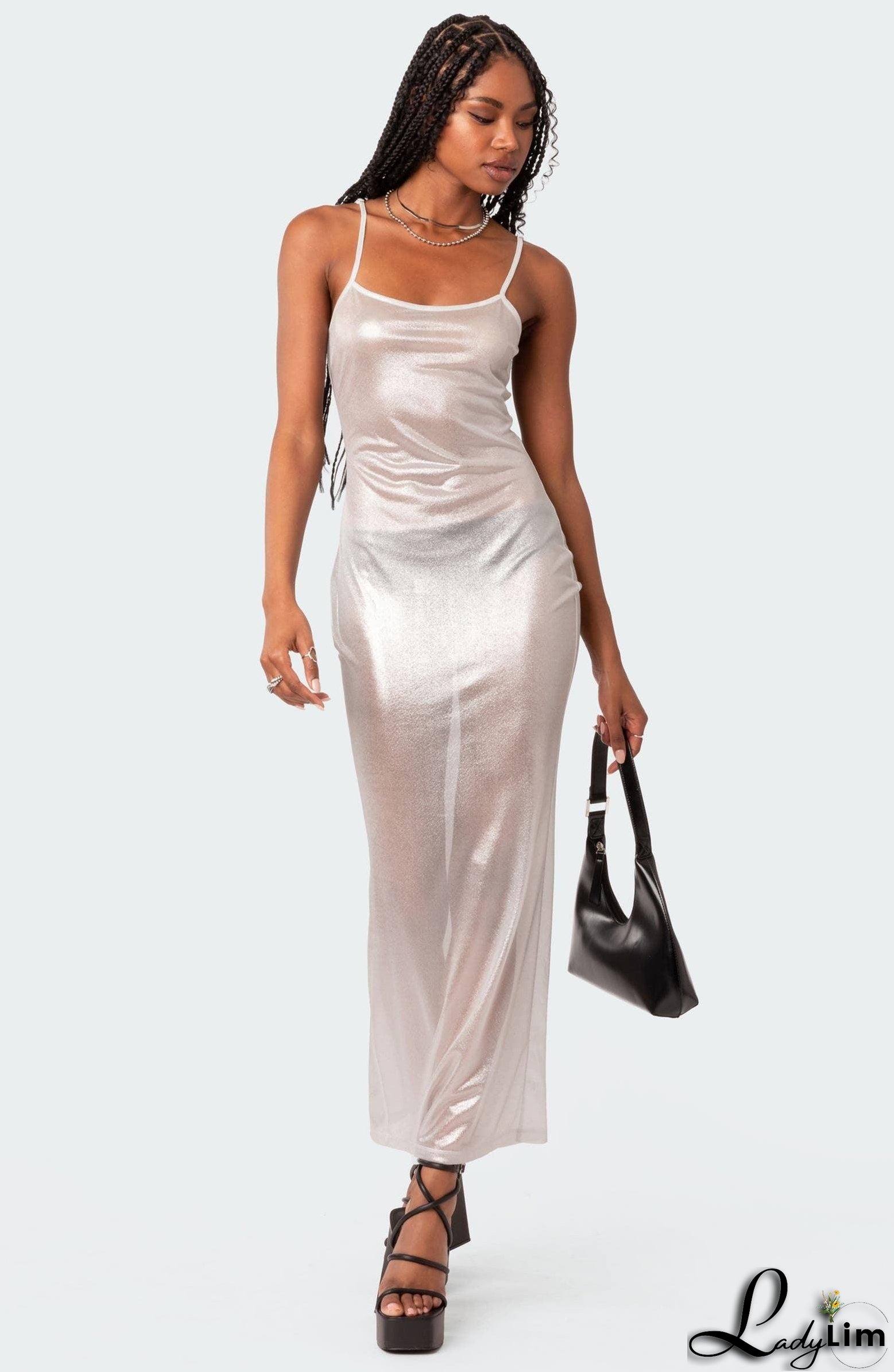 Focused On Me Sheer Metallic Maxi Dress