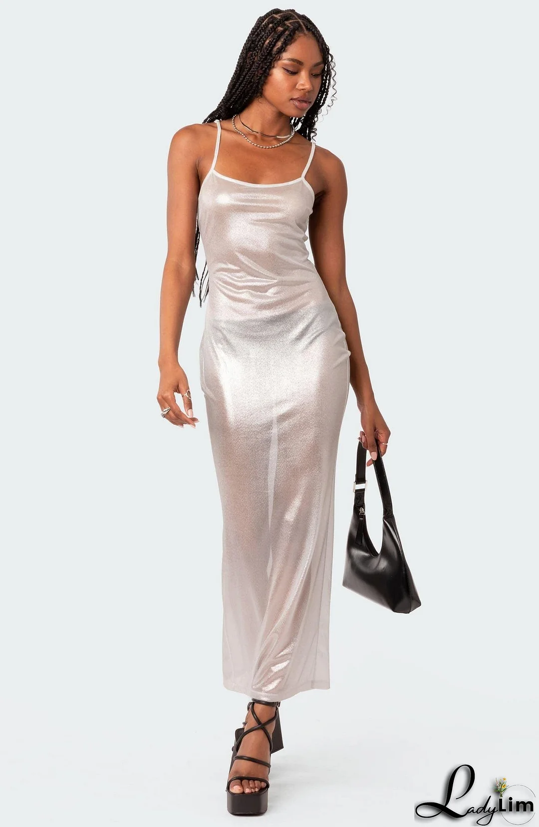 Focused On Me Sheer Metallic Maxi Dress