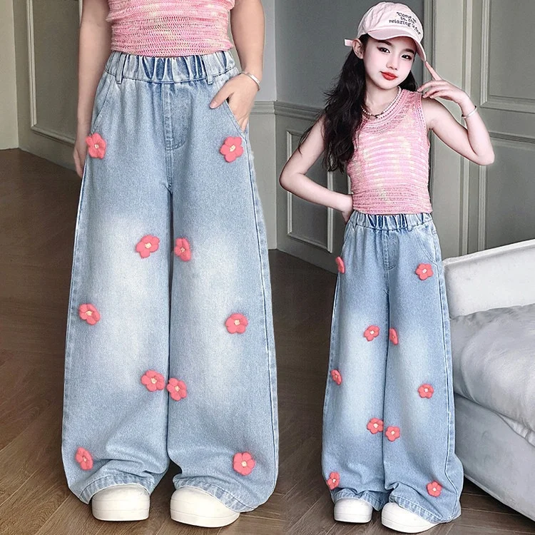 きれいめ系 花  切り替え ハイウエスト 個性 キッズ 女の子 コーデ パンツ