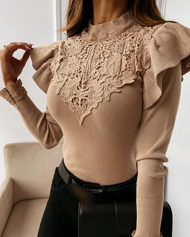 Crochet Lace Ruffles Trim Long Sleeve Sweater