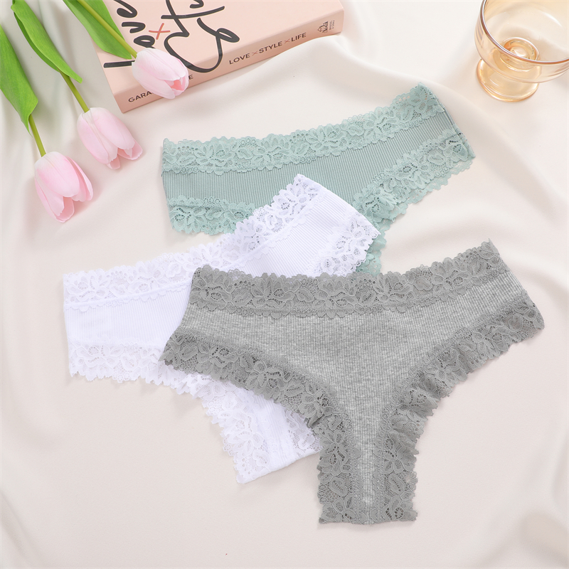 Intbuyer New Lace Seamless Cotton Panties Ribbed Maillard Brazilian Pants LowWaist Women Panties Breathable Girls Underwear Soft Lingerie