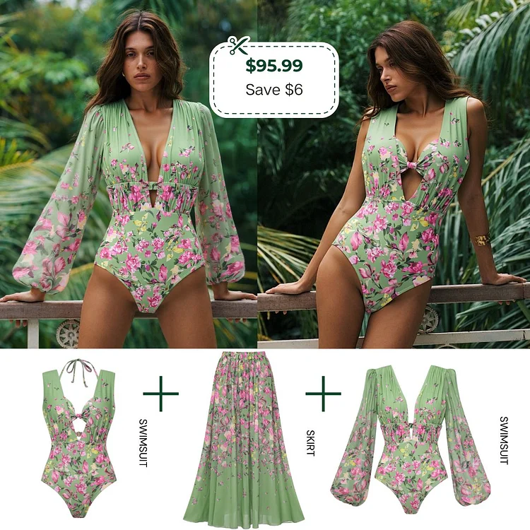 Floral Top & Plunging Ruched Swim Set and Skirt