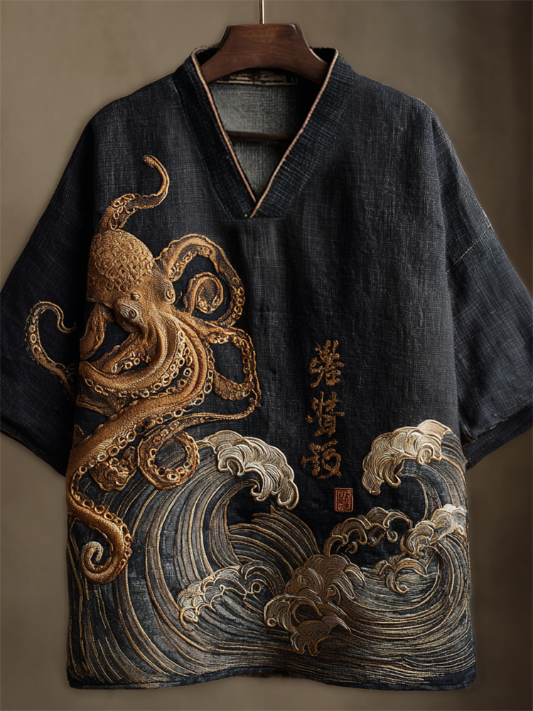 Japanese Golden Octopus Sea Waves Embroidered Linen Shirt  artssus