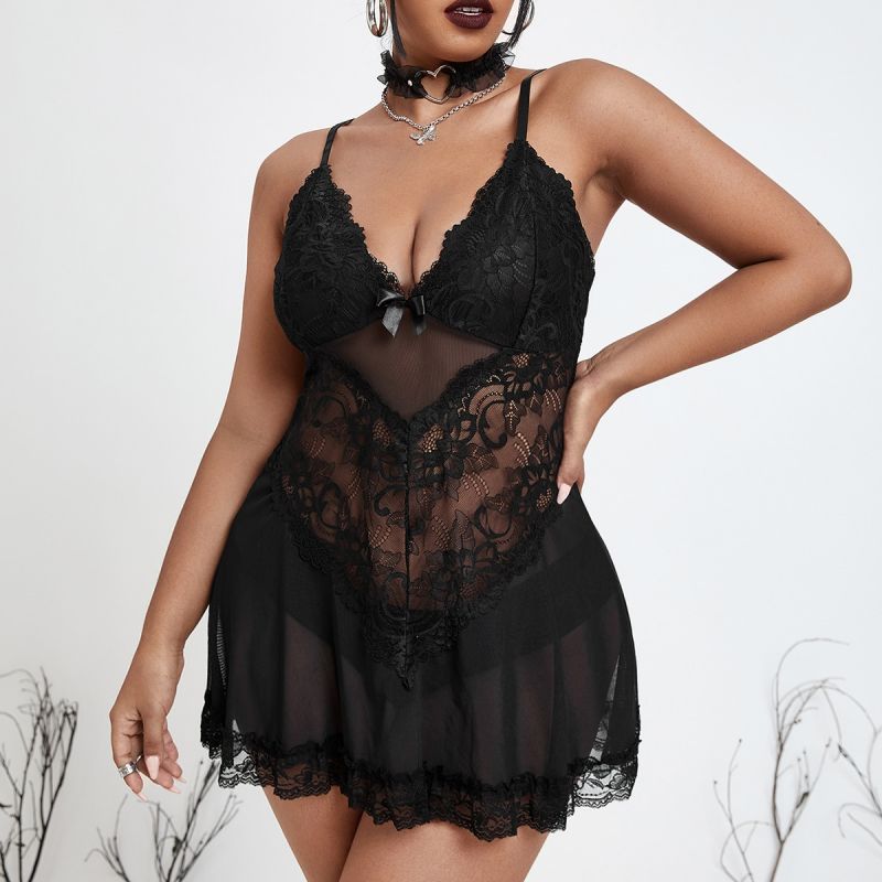 Plus Contrast Lace Bow Front Mesh Slips & Thong - Rose Toy