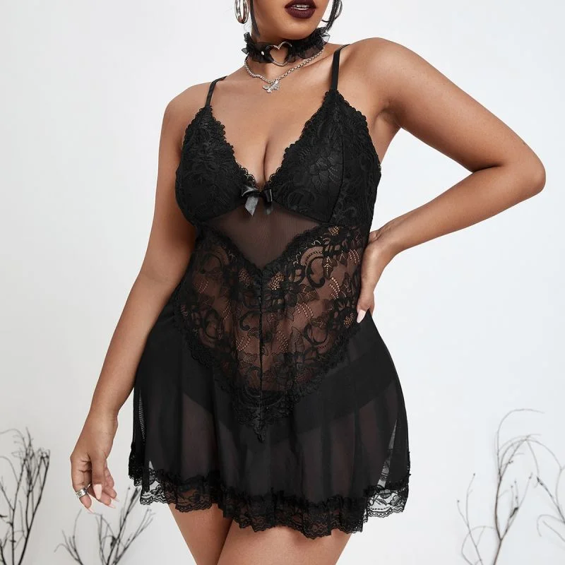 Plus Contrast Lace Bow Front Mesh Slips & Thong