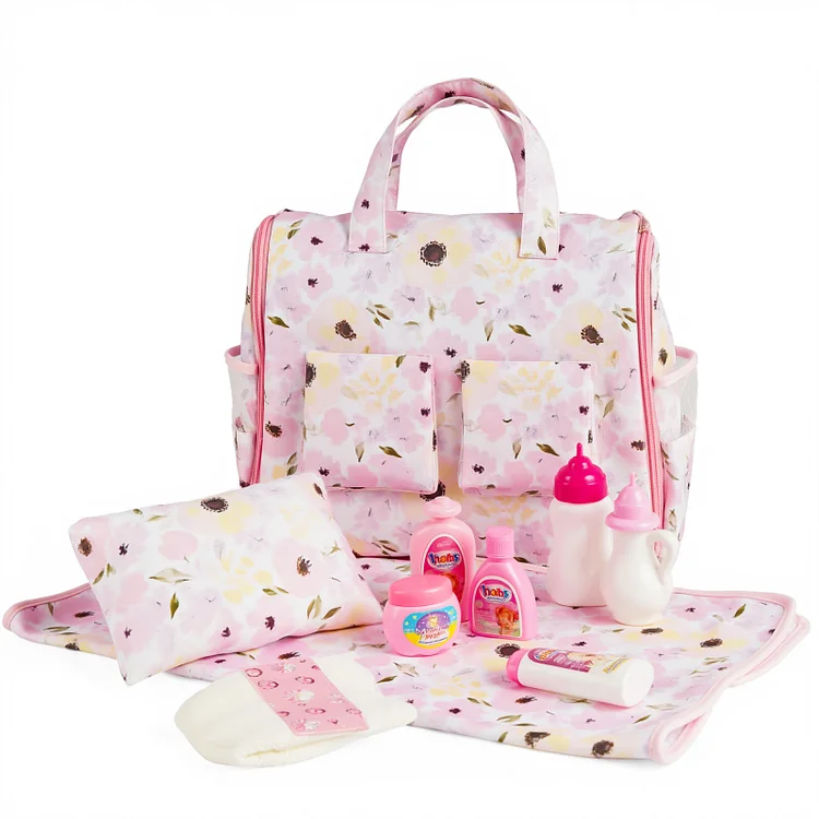  17"-22" Pink Folding Bed Bag 10 Pcs Reborn Baby Doll Accessories Set - Reborndollsshop®-Reborndollsshop®
