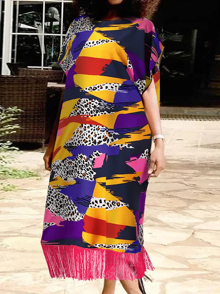 Leopard Print Tassel Short Sleeve Maxi Dress SKUJ34348 QueenFunky