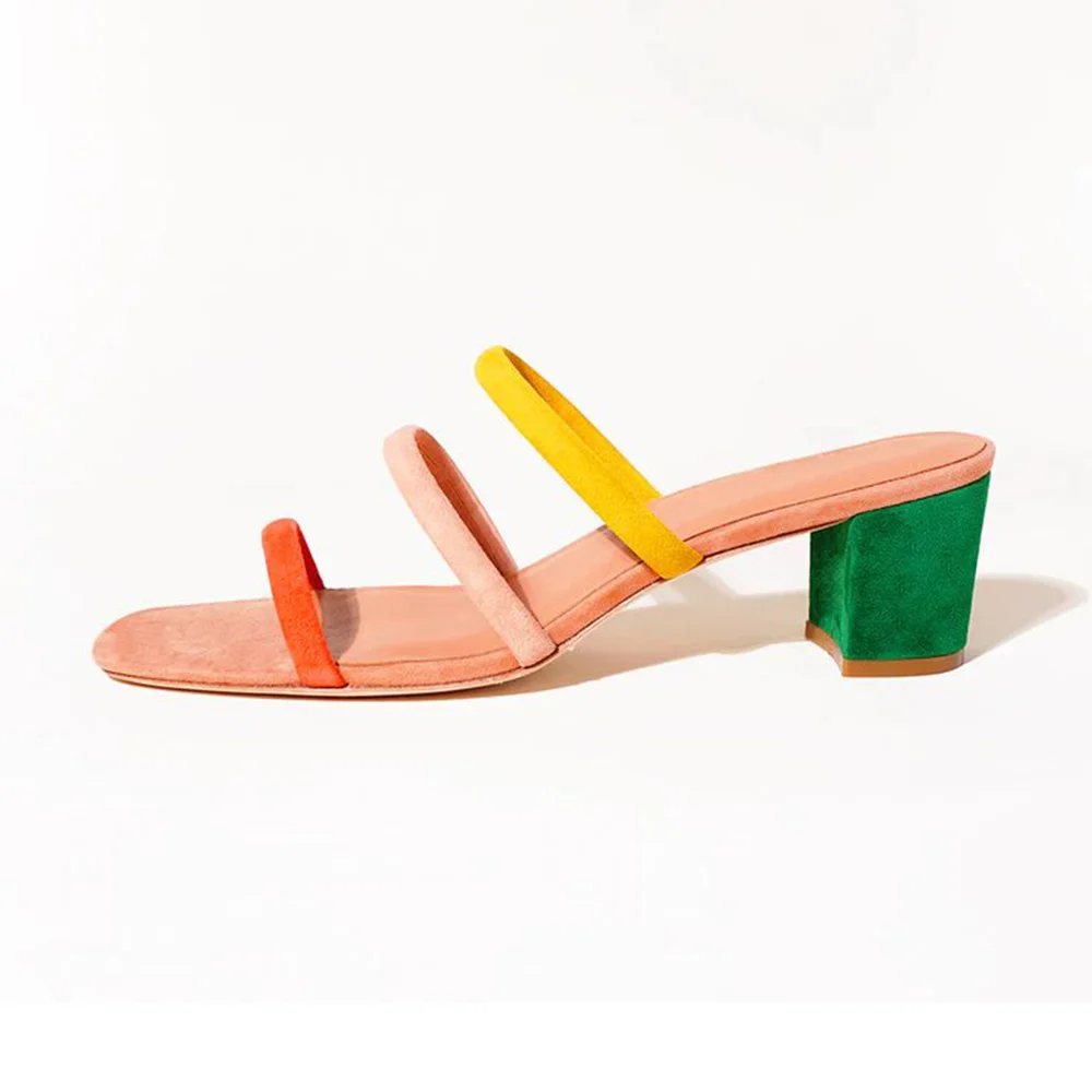 Multicolor Suede Opened Square Toe Strappy Mules With Chunky Heels Nicepairs