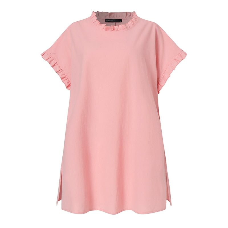 ZANZEA Fashion Women O Neck Short Sleeve Solid Shirt Elegant Ruffles Blouse Summer Tops Tunic Loose Casual Chemise Work Blusas
