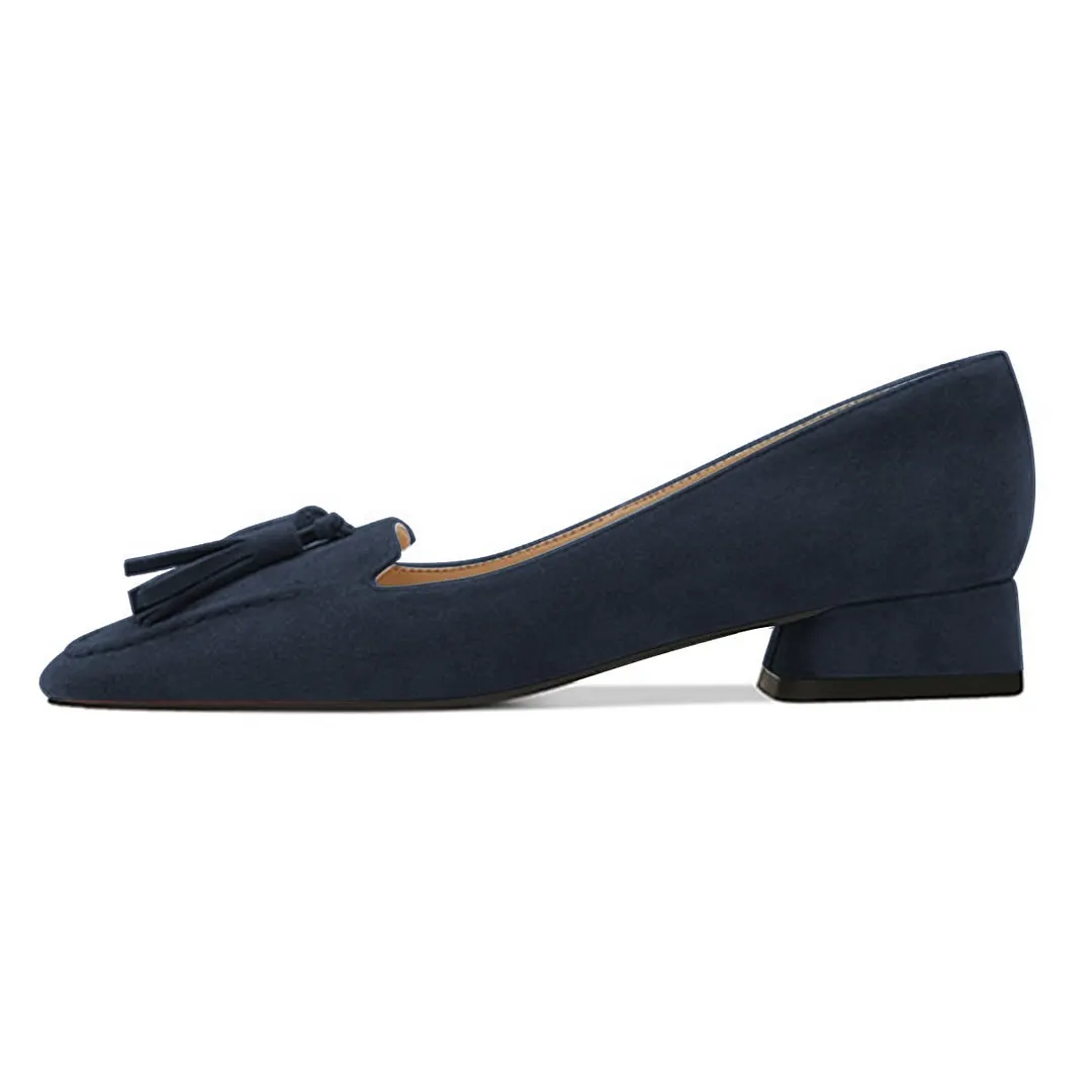 Vegan Suede Tassel Accent Square Toe Loafer Pumps Heels Deep Blue