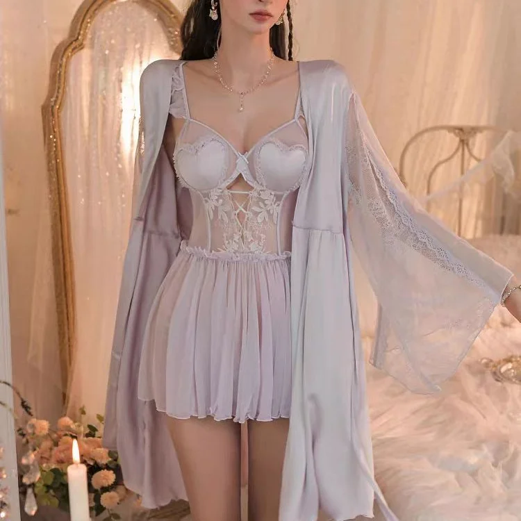 Sdrawing Sdrawing Nightgown Women's Pure-Sensive High-End Sleeprobe 2025 New Spring And Autumn Ice Silk Splicing Lace Bathrobe Morning Robe
