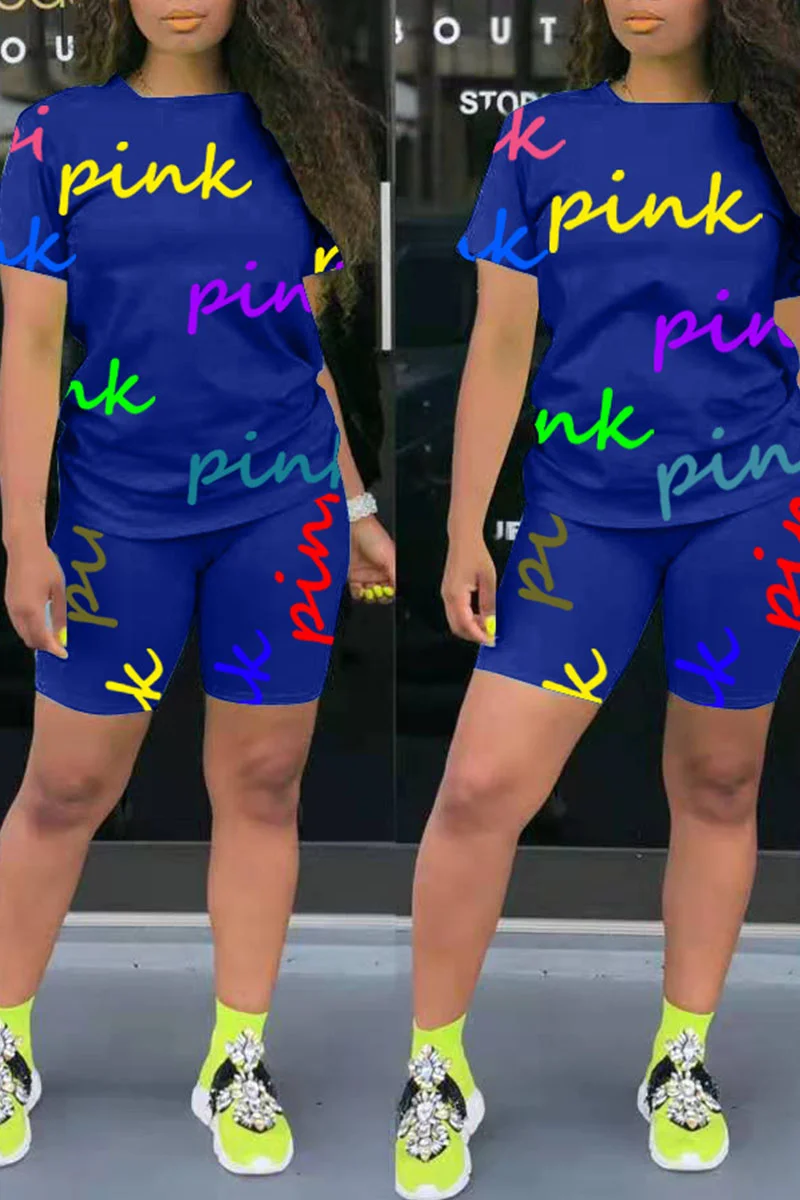Blue Casual Letter Print Patchwork O Neck Short Sleeve Two Pieces