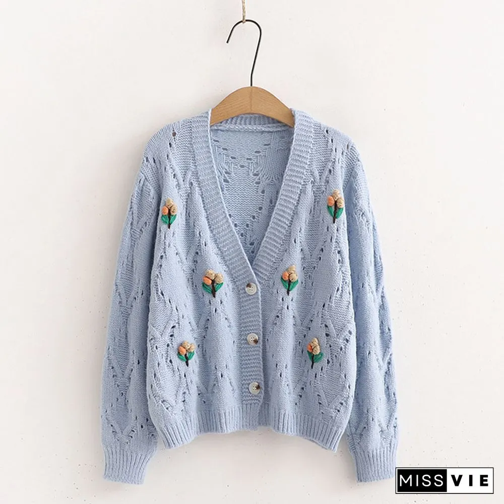 3D Blossom Decor Hollow Out V-neck Cardigan Sweater