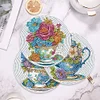 4PCS Wooden Diamond Painted Placemats Tableware Mat with Holder(Tea Art Bouquet)