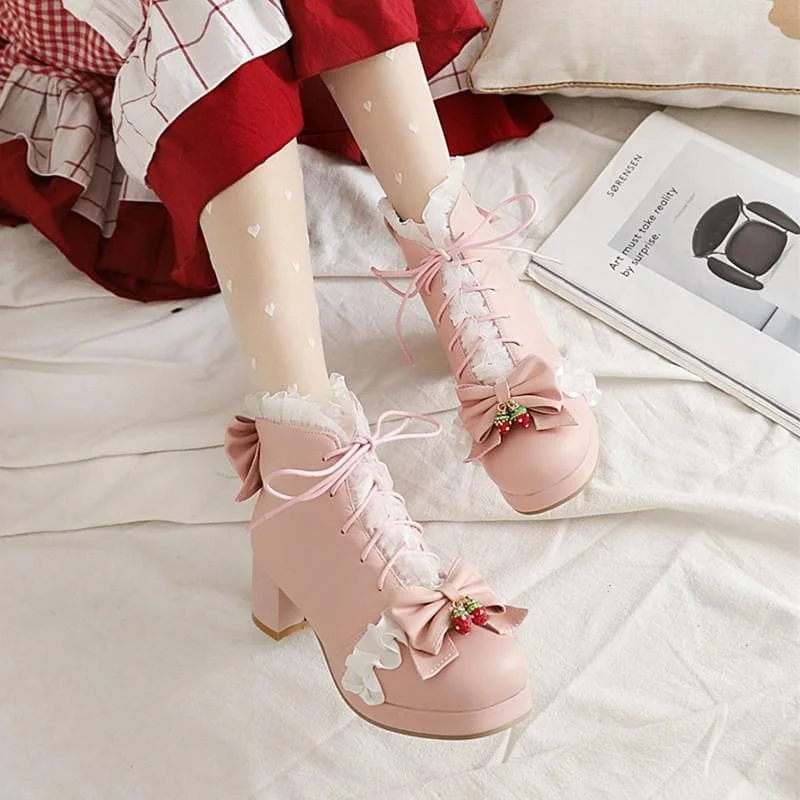 Strawberry Sweetheart Lolita Bows Lace-up Martin Boots SP15256