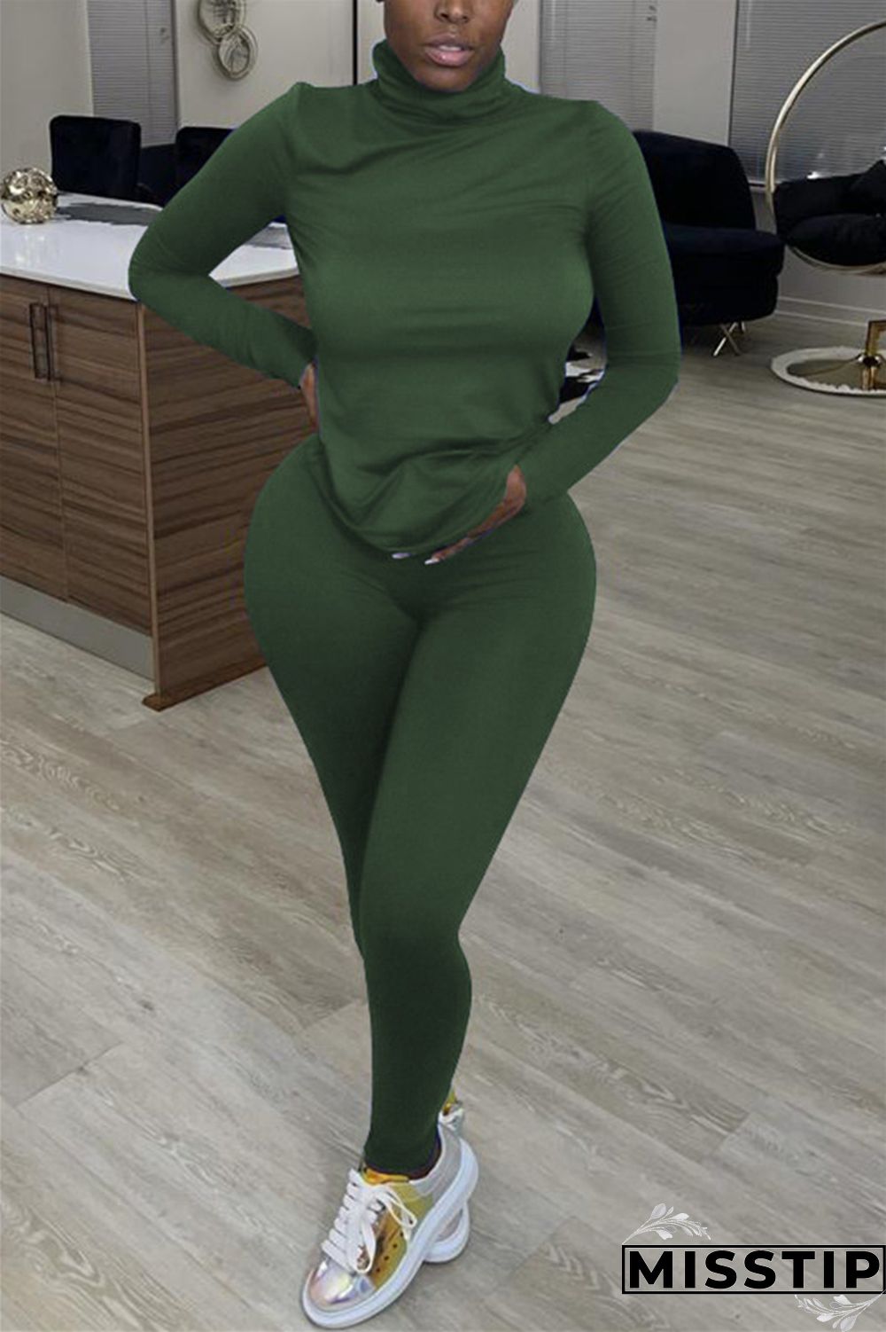 Tibetan Blue Casual Solid Basic Turtleneck Long Sleeve Two Pieces