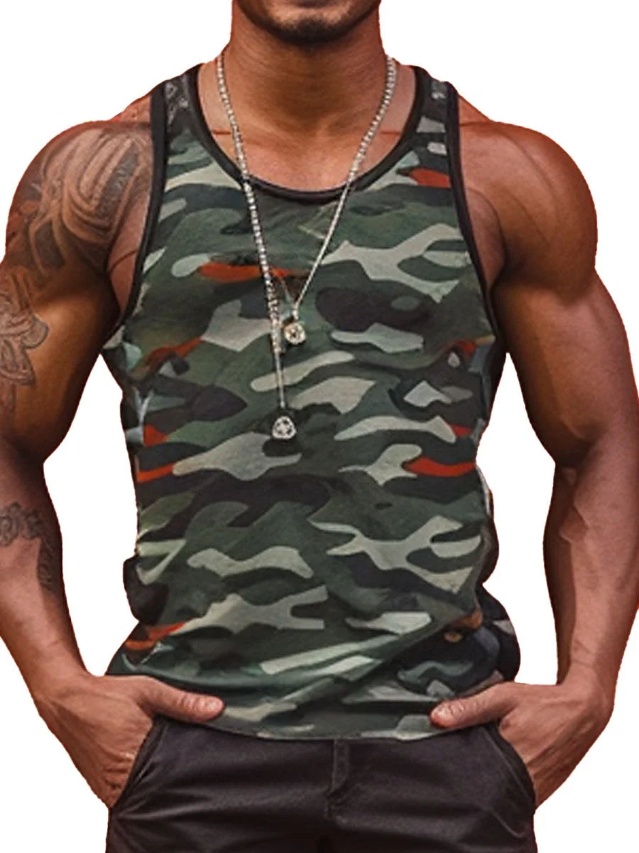 Men's Crew Neck Camouflage Print Casual Tank Top