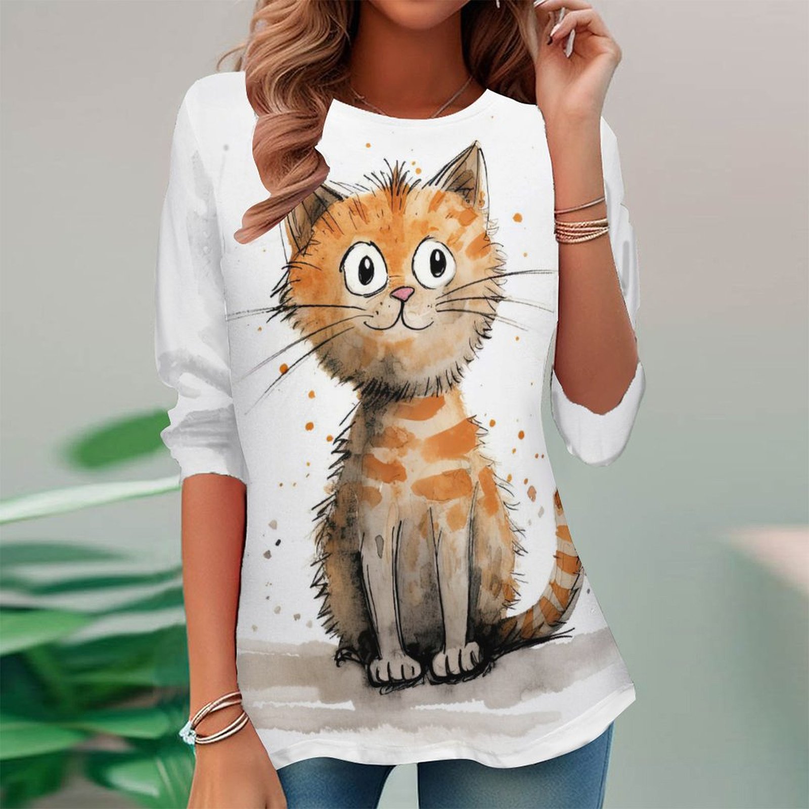 Women Long Sleeve V-neck Graphic Floral Printed Top