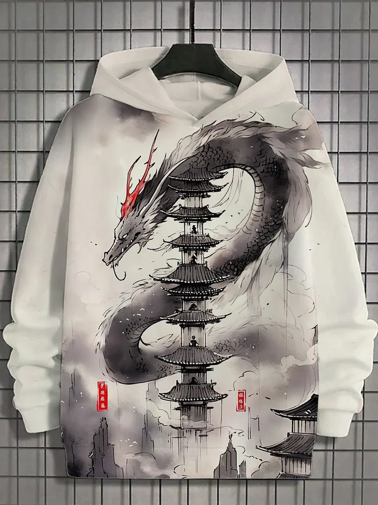 Men's Oriental Dragon Pagoda Tower Painting Print Hoodie