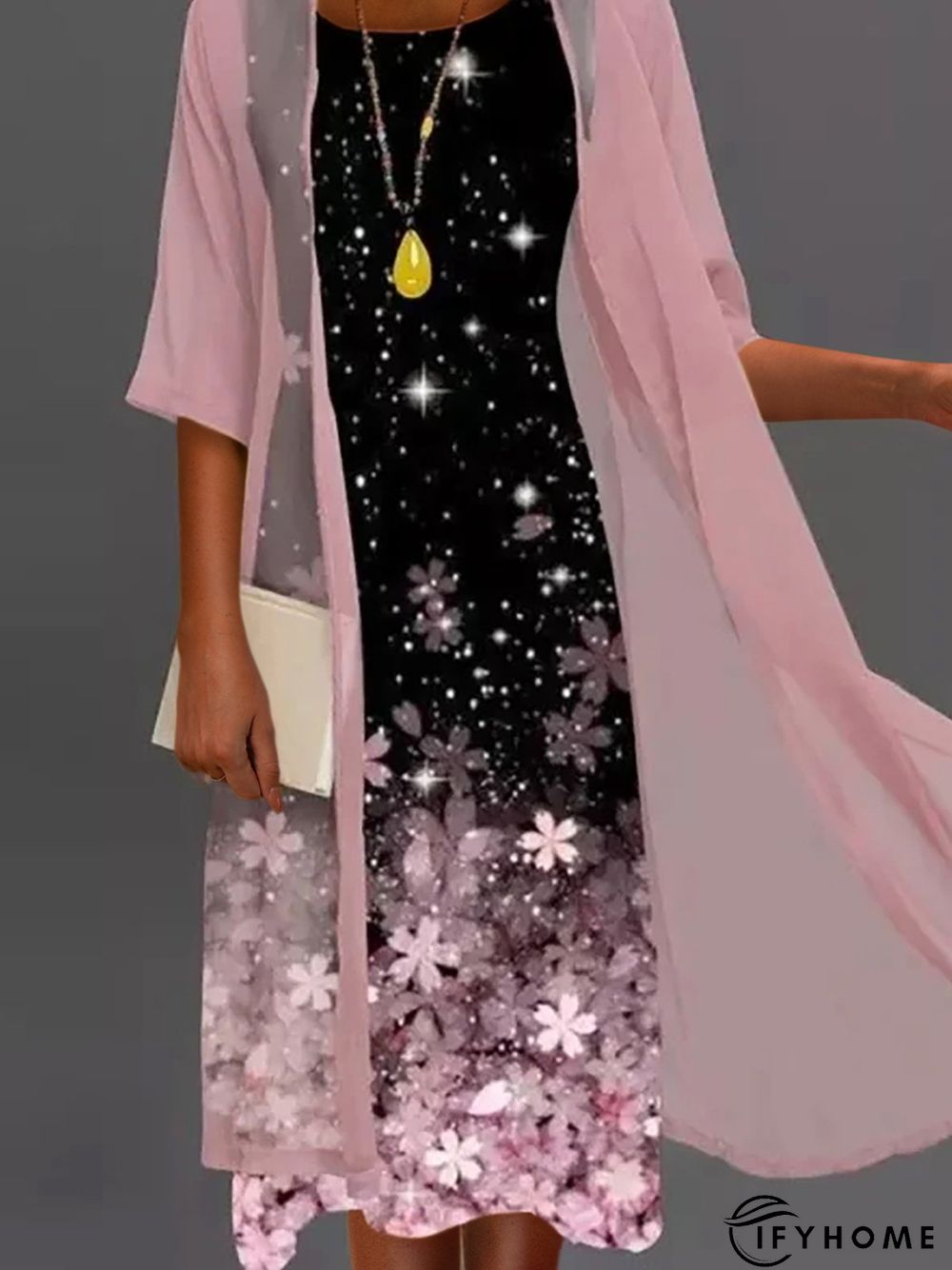 Two Piece Floral Sleeveless Round Neck Printed Dress With Three Quarter Outwear | IFYHOME