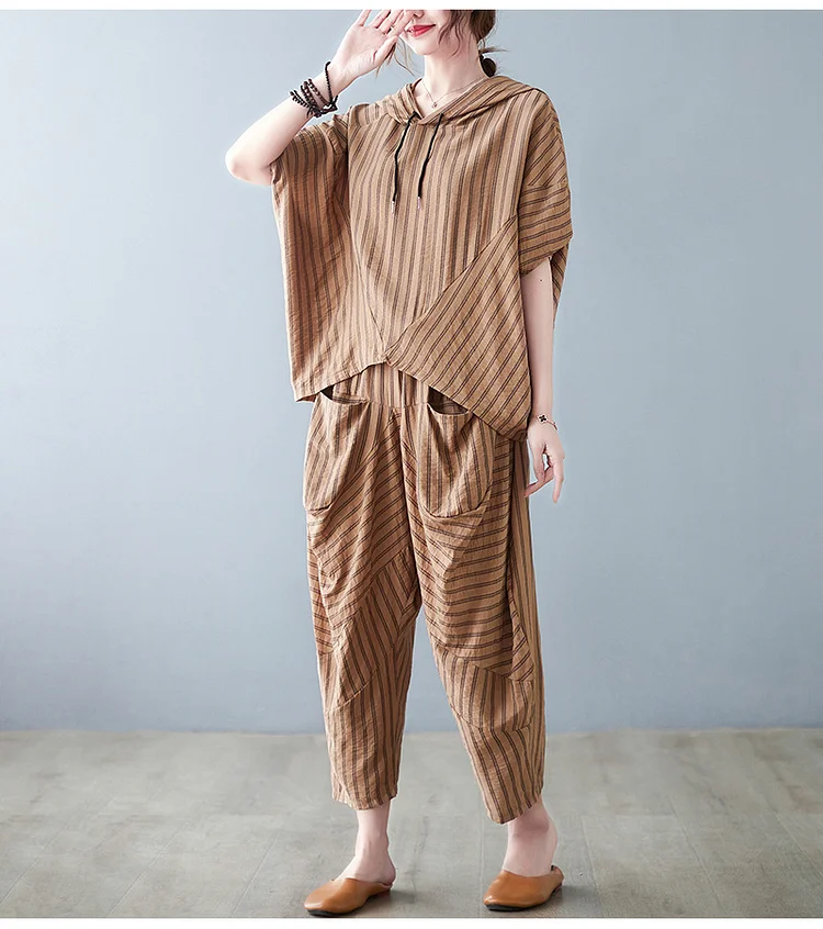 Casual Hooded Short Sleeve Top Loose Harem Pants Suit