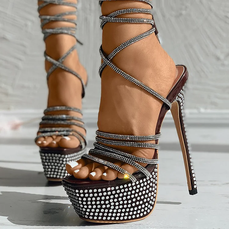Black Square Toe Wrap Heels Rhinestones Strappy Sandals Stiletto Shoes |FSJ Shoes
