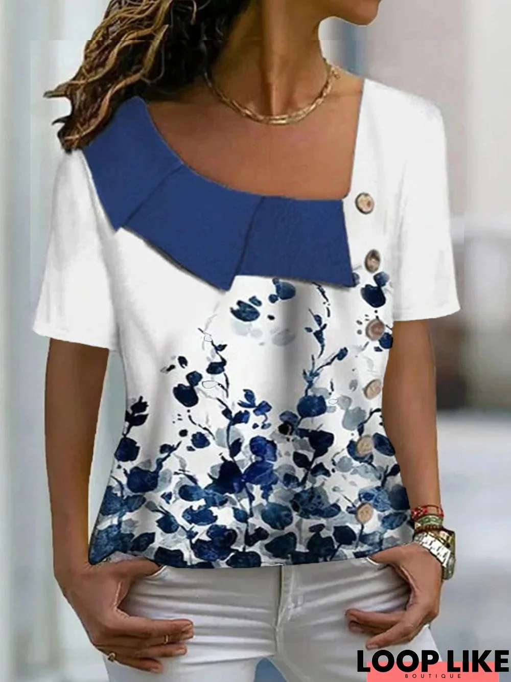 Women's Vacation Casual Floral Lapel Neck Short Sleeve Loosen T-Shirt