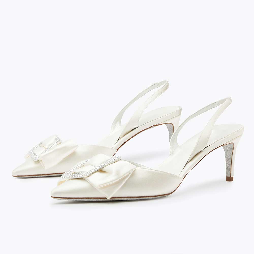 White Satin Pointed Toe Rhinestone Embellished Buckle Slingback Pumps Nicepairs