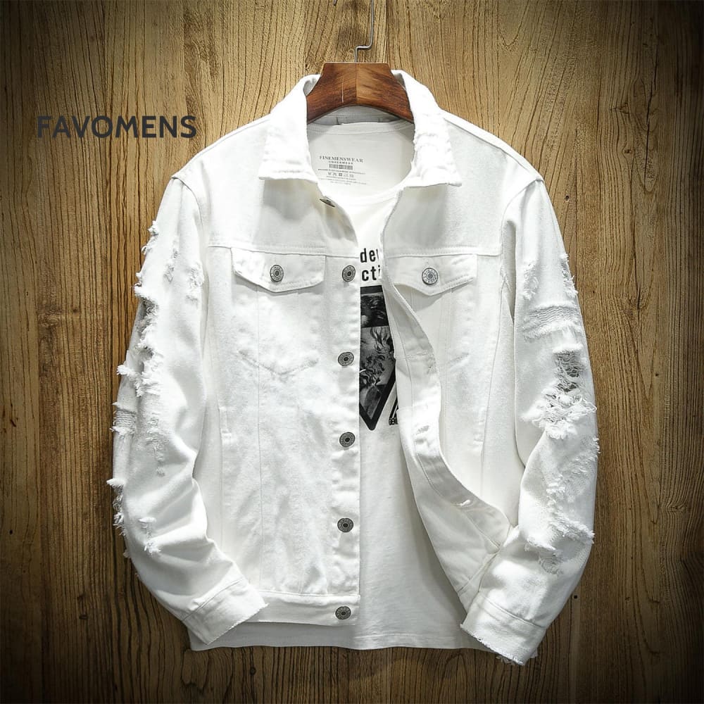 Men’s Denim Jacket Japanese Style Ripped Embroidered White / S