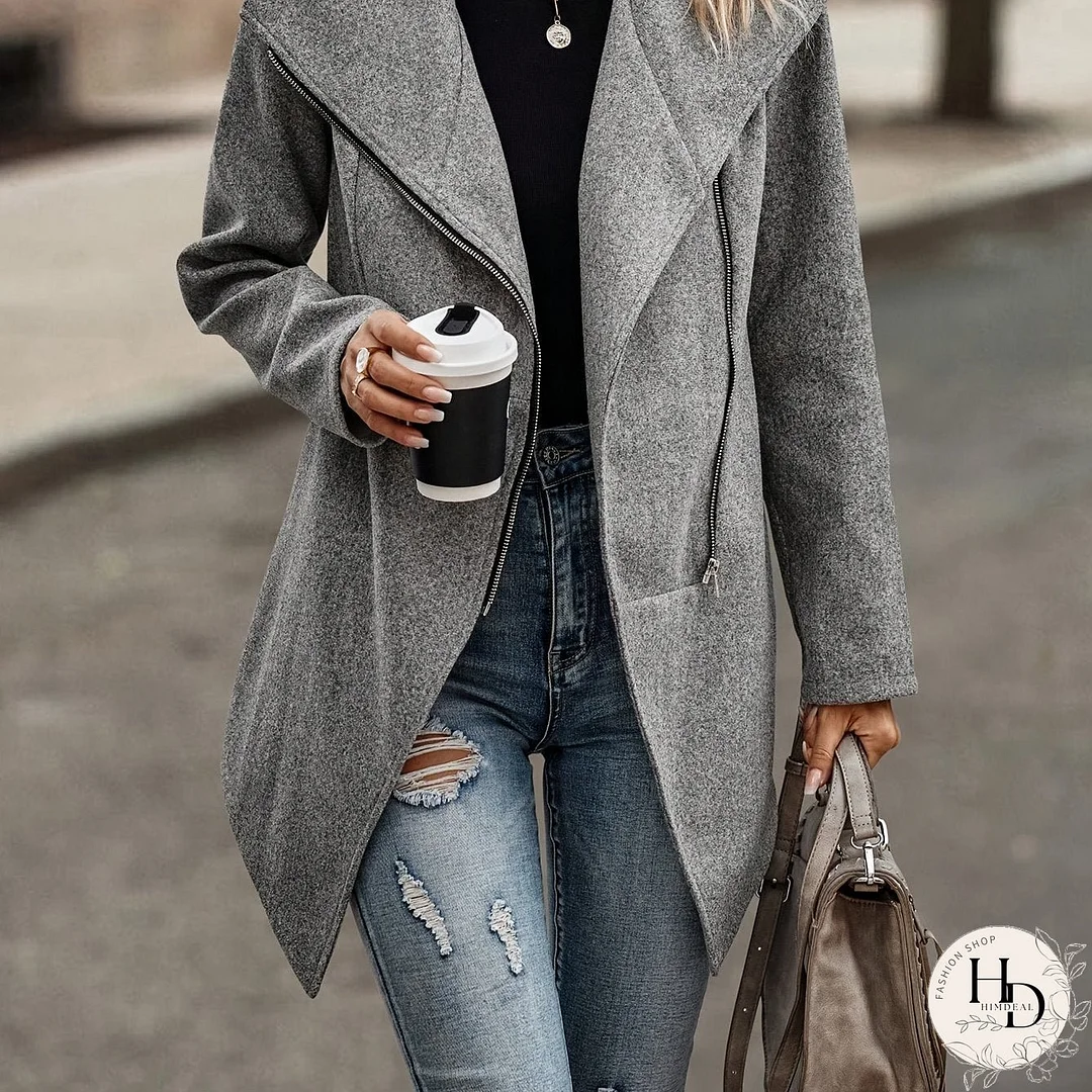 Slanted Zipper Fall & Winter Jacket, Casual Solid Long Sleeve Outerwear, Women's Clothing