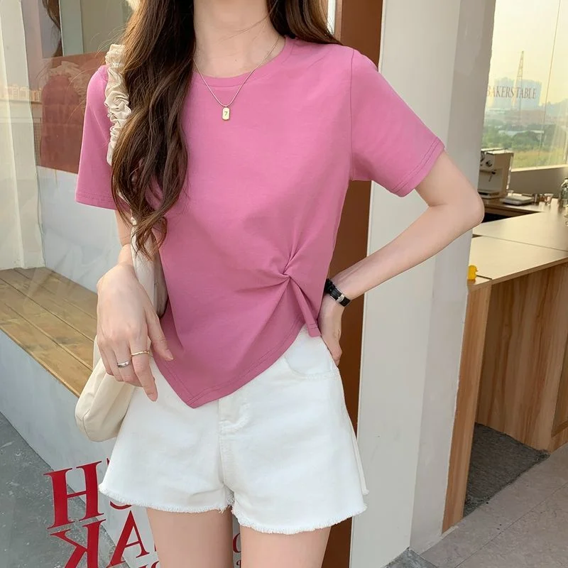Uveng Uveng Short-Sleeved T-Shirt Women 2024 New Summer Design Design Sense Niche Half Sleeve High Waist Short Top