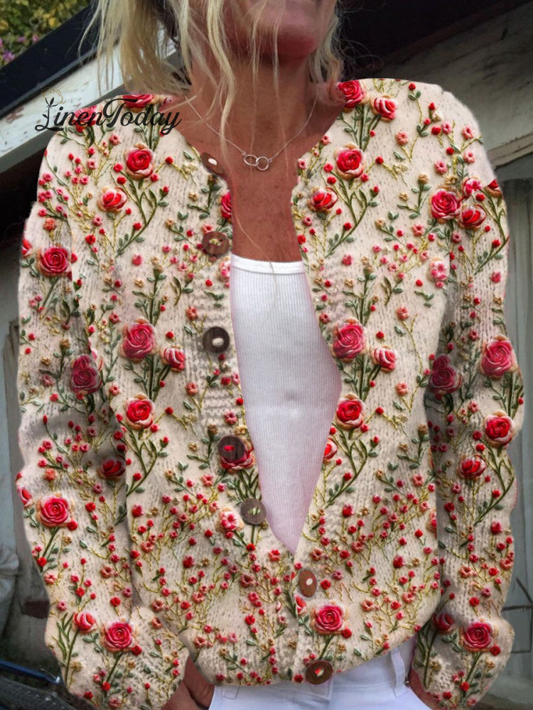 Floral Embroidery Art Print Buttoned Cardigan Sweater Multicolor / S
