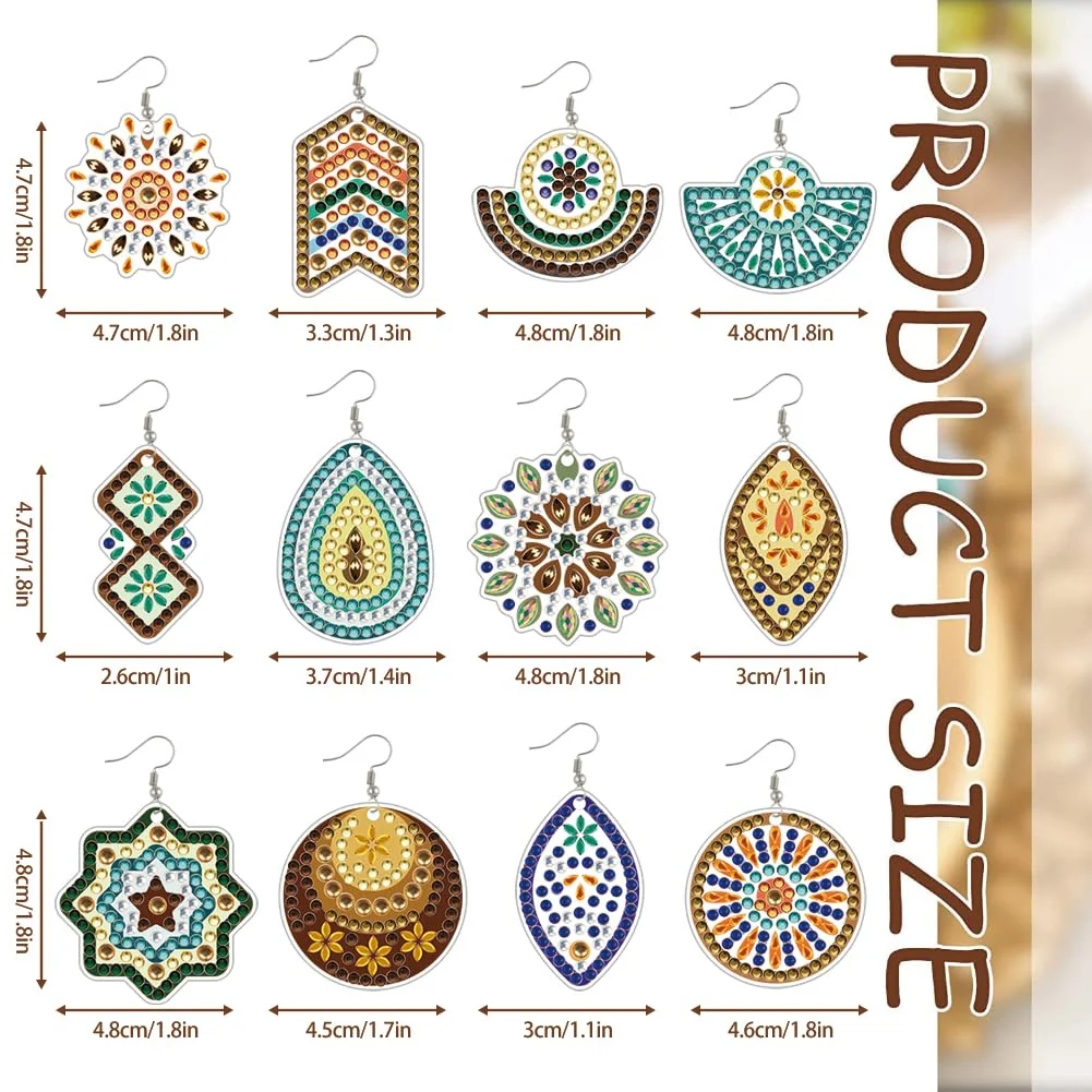 12 Pairs Pattern DIY Diamond Art Earrings Double Sided Diamond Painting Earrings