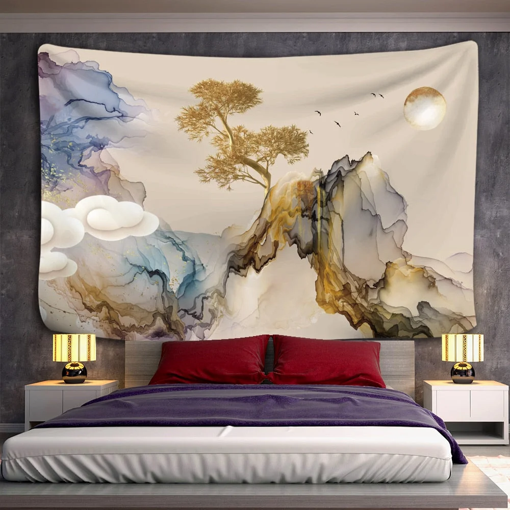 Sunset Mountain Forest Tapestry Wall Hanging Japanese Illustration Bohemian Witchcraft Hippie Mandala Home Decor