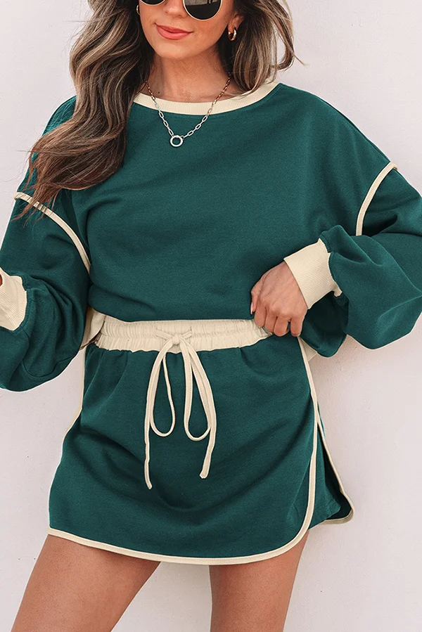Fashion Round Neck Long Sleeve Spliced Casual Top and Elastic Waist Loose Shorts Set